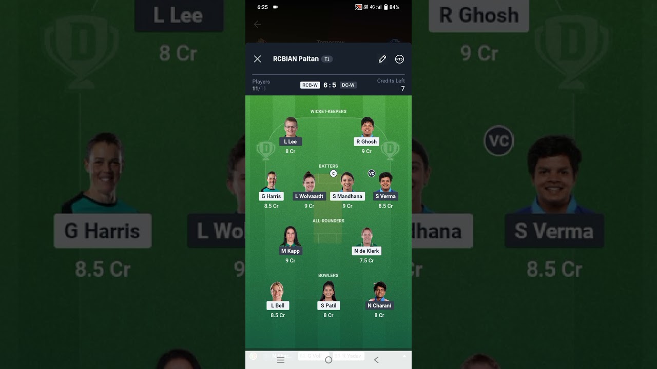 RCB_W vs DC_W dream 11 prediction team 
