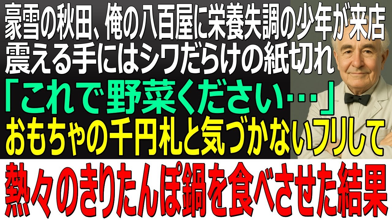 【感動する話】豪雪の秋田、俺の八百屋に現れた栄養失調の少年。震える手にシワくちゃの紙「これで野菜ください」→おもちゃの千円札と気づかないフリしてきりたんぽ鍋を振る舞った結果【スカッと・朗読・泣ける話】