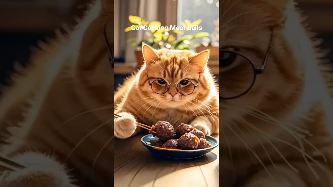 Cute cat cooking meat balls
