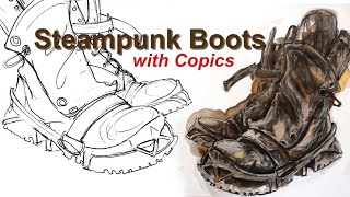 Usedlook Steampunk Boots - Step by Step #fashiondrawing #copicdrawing #footweardesign