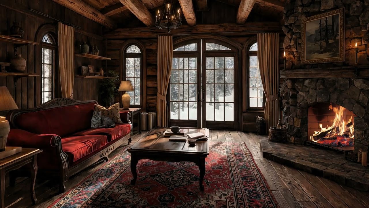 Cozy Mountain Cabin in a Snowfall ❄️🔥 | Fireplace Crackle, Wind Sounds, Ambient + Lo-Fi Beat - 4K