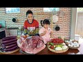 Cute daughter help Mom cooking - Pork and Eggplant cooking - Cooking with Sreypov