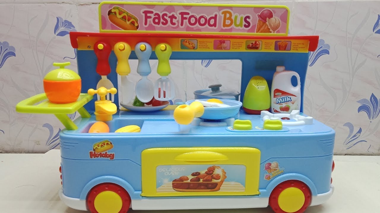 Toy Fast Food Restaurant Kitchen Play Set Bus and Street Ice Cream Shop Toys Kids Role Play