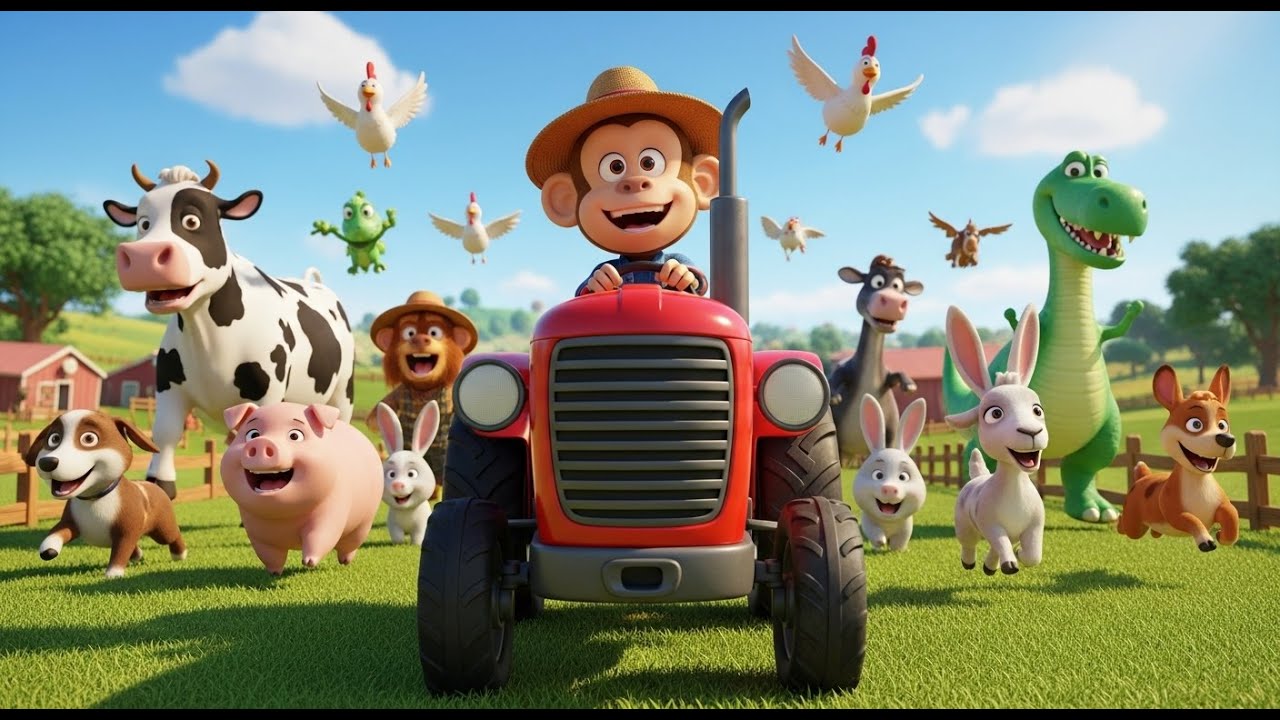 Tractor Fun with Monkey Farmer! Riding Cows, Rabbits, Goats & Even Giant Dinosaurs 🚜🐒🦕