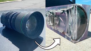 Camera Lens Encased In Resin And Cut In Half With Waterjet