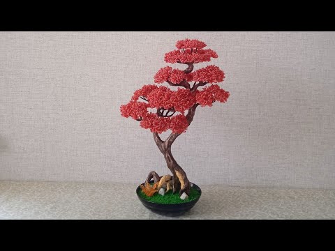 Красный бонсай из бисера мастер-класс. Red bonsai master class.