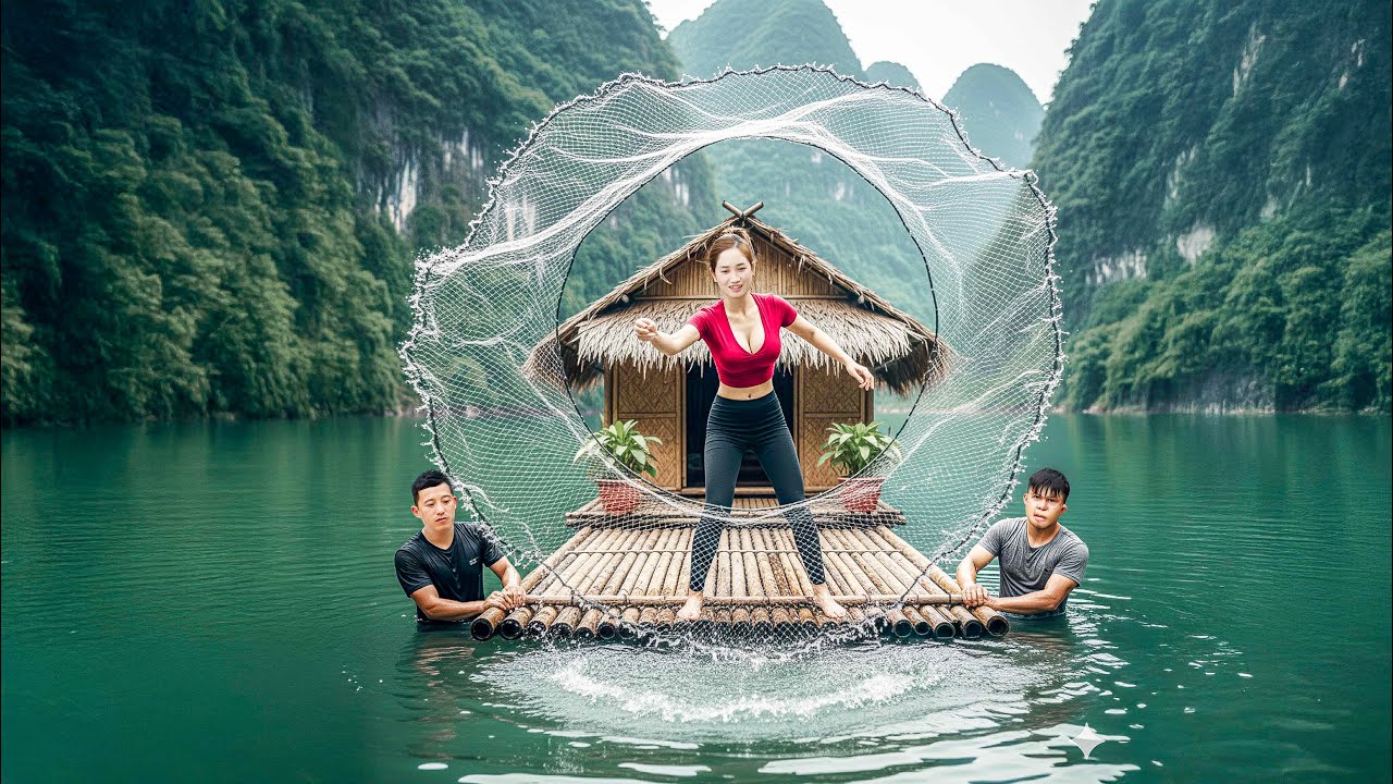 CEO Builds a Bamboo Raft in a Hidden Lake and Catches Fish | Primitive ...