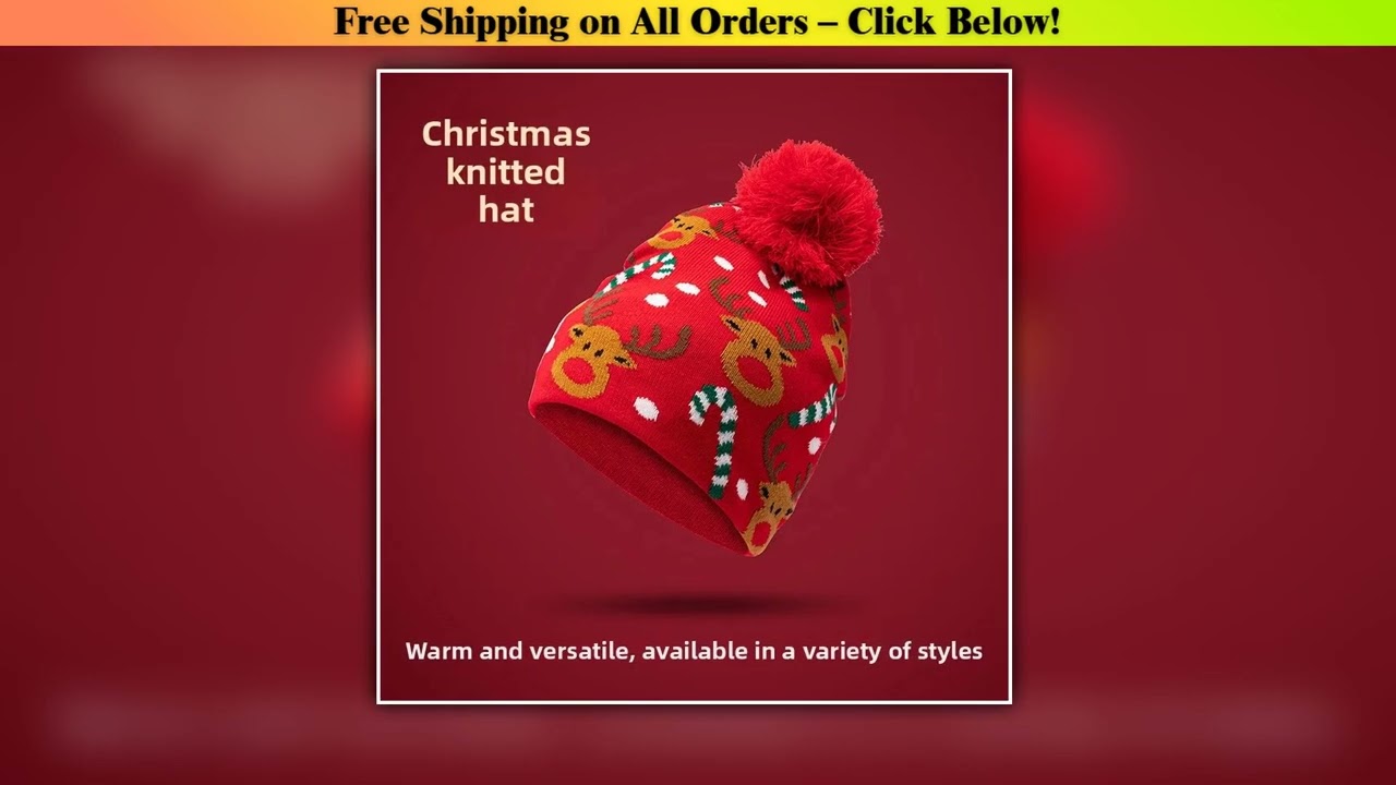 Christmas Knitted Hat Red Festive with Fur Ball Santa Claus Christmas Tree Elk Jacquard Knitted