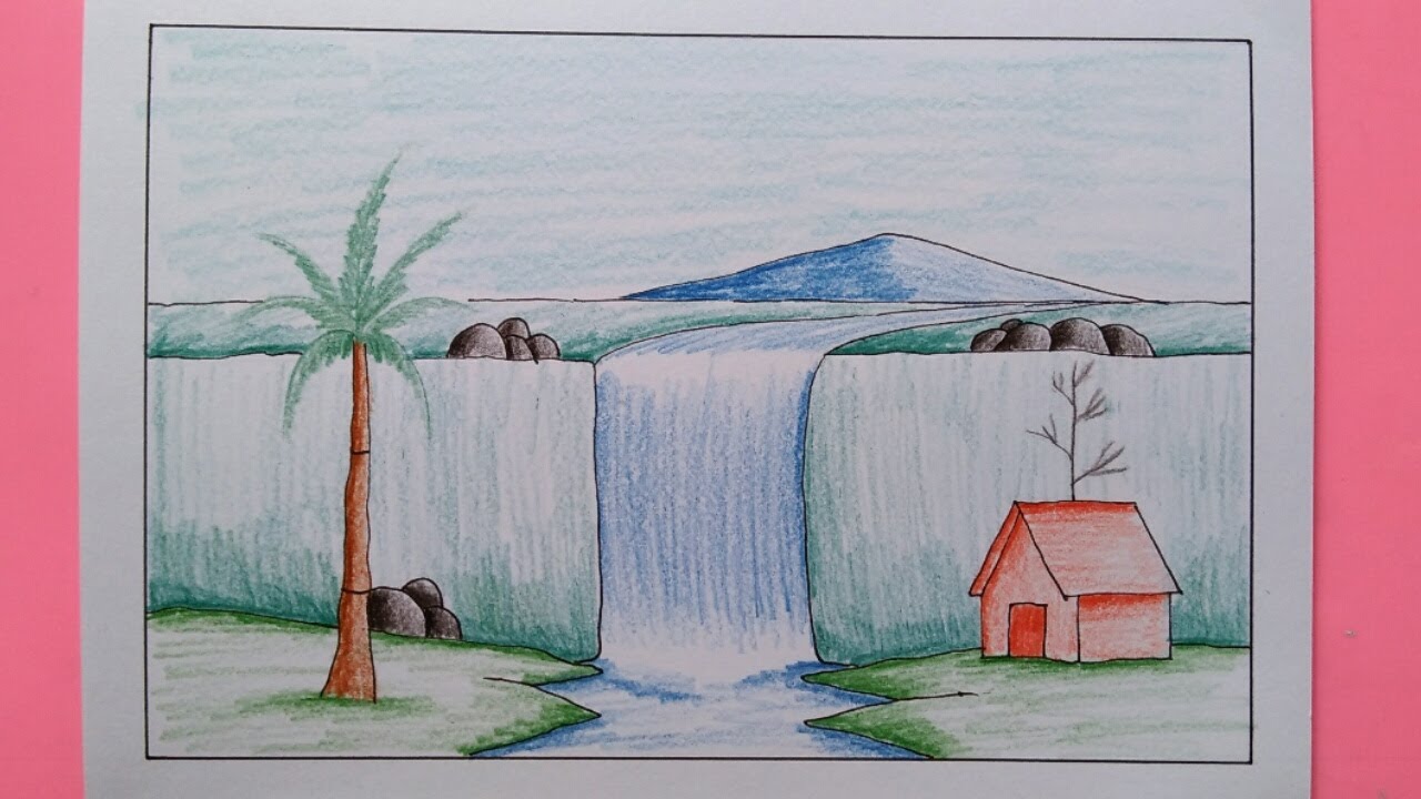 Cara Menggambar Pemandangan Air Terjun - Waterfall Scenery Drawing