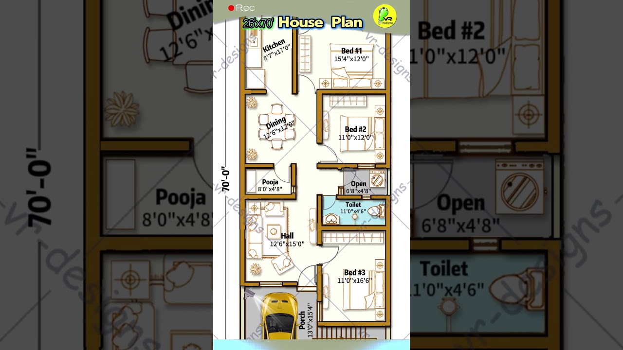 26×70 house plan with car parking, 3bhk house design, 26’ by 70’ house map, 26*70 home plan