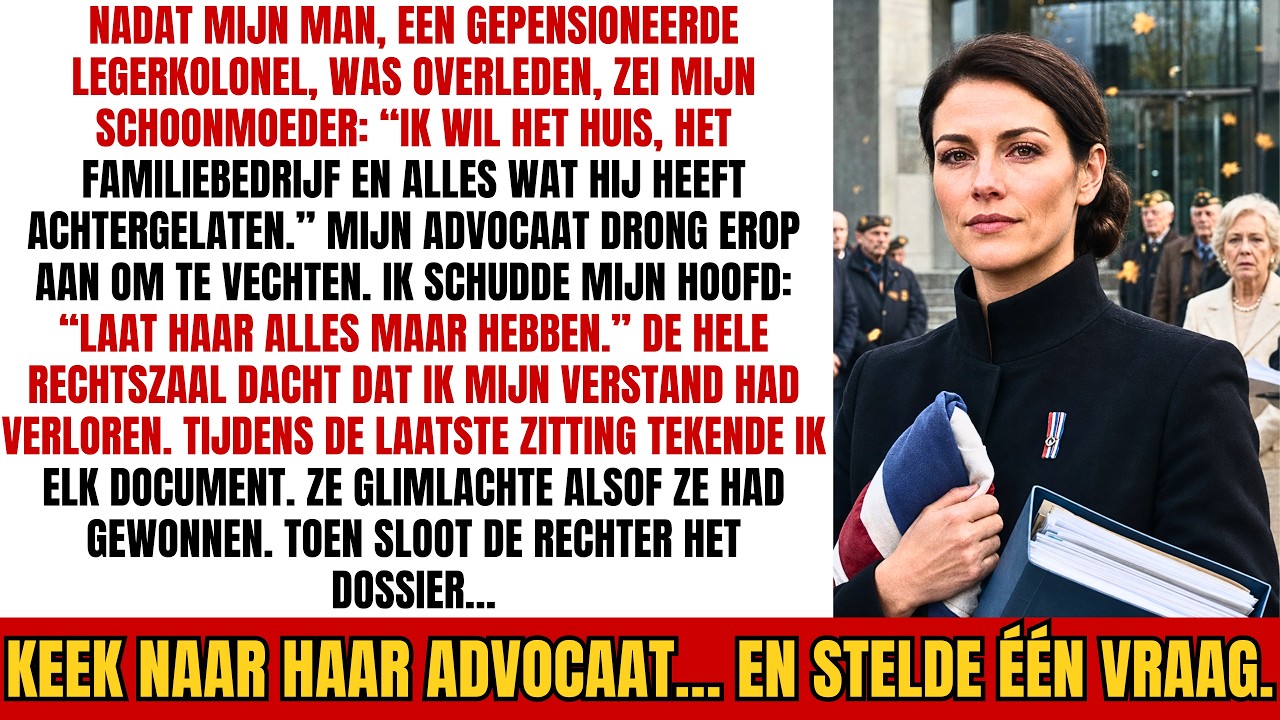 Ik had de vlag van mijn overleden man nog geen twee uur in mijn armen, of zijn moeder boog zich naar me toe en fluisterde: “Dat huis hoort nu bij mijn familie. En het bedrijf ook.” Ze stond naast...
