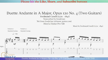 Duette Andante in A Major, Op. 120 No. 4 (F. Carulli) for Two Guitars with TAB