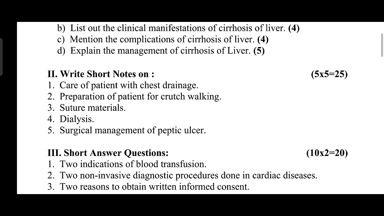 Medical Surgical Nursing 1 Question Paper for B.SC Nursing 2nd Year, February 2009 YouTube