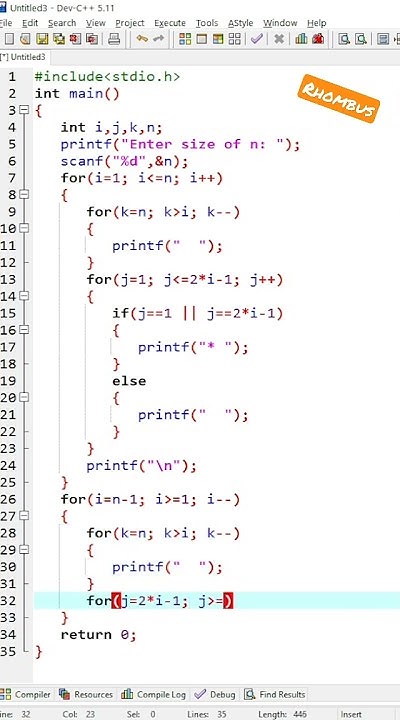 Hollow Rhombus : printing hollow rhombus pattern in C programming ...