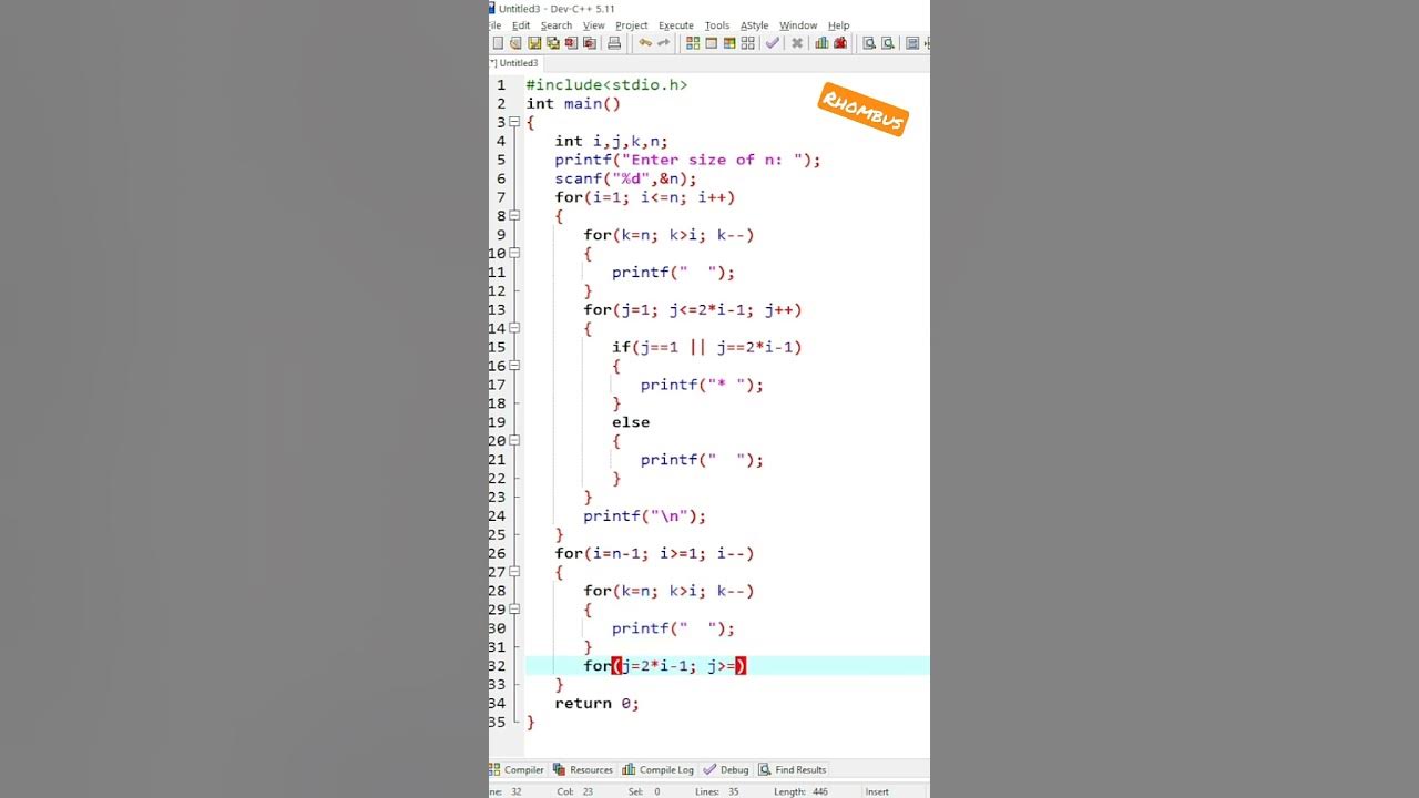Hollow Rhombus : printing hollow rhombus pattern in C programming ...