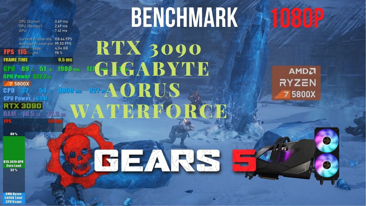 Gears 5 RTX 3090 Gigabyte AORUS WATERFORCE Benchmark Ryzen 5800x 1080p