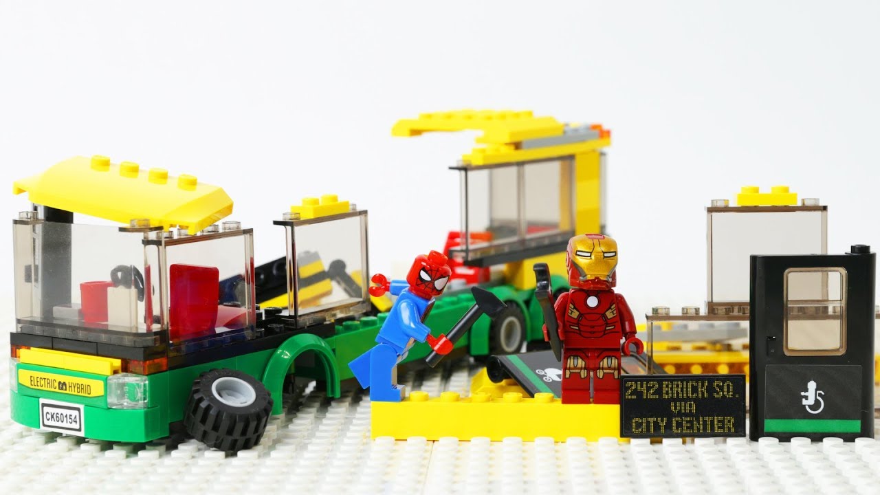 SpiderMan and IronMan Block Building a Lego City Bus