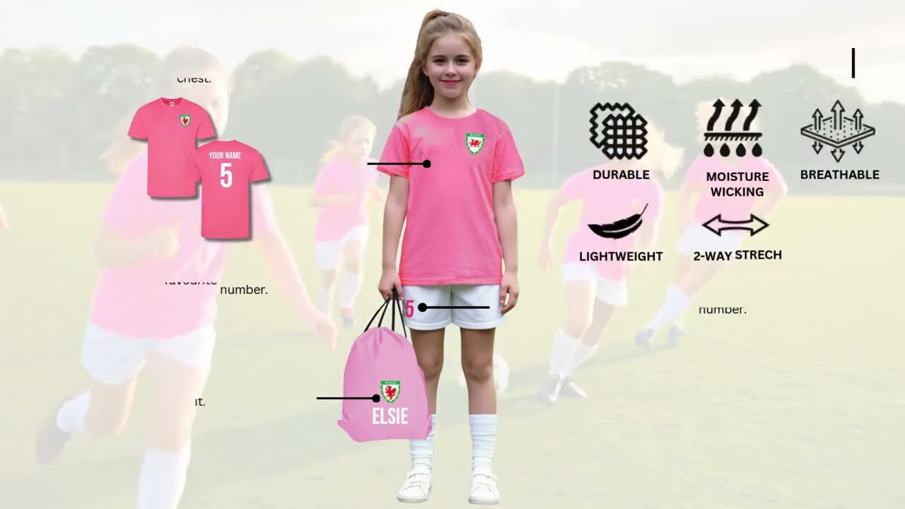 Personalised Wales Style Kits Football Shirt, Shorts and Kit Bag for Girls Best Birthday Gift 