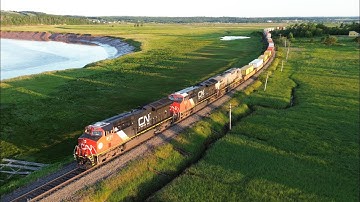 New Drone! Awesome Aerial 4K View - Golden Hour! Fast Stack Train CN 120 at Upper Dorchester, NB