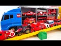12タイプトミカ☆ はたらくくるまが坂道を下ってビックおかたづけコンボイに乗る!パトカー、消防車、バス、トラクターなど