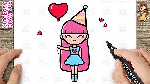 How to Draw a Cute Party Girl with Heart Balloon- Easy Step-by-Step for Kids!