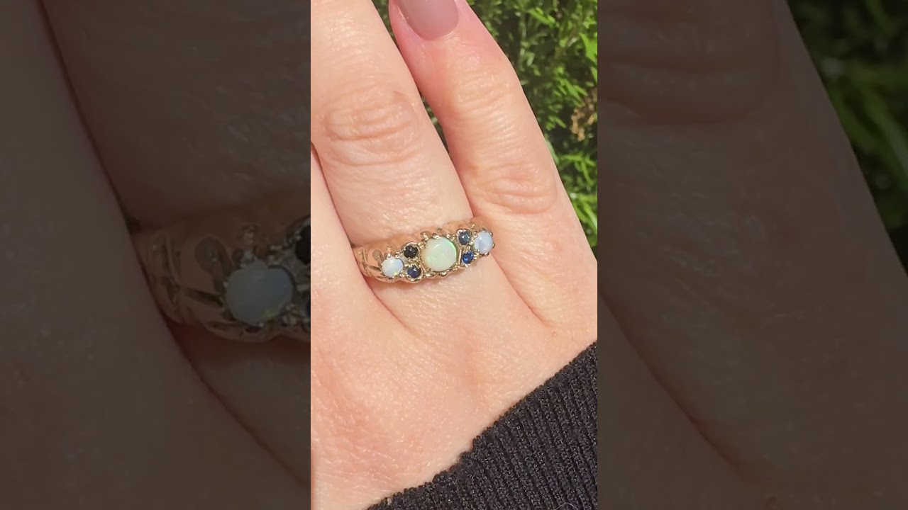 Vintage 9ct Rose Gold Opal And Sapphire Bridge Ring - Birmingham 1976