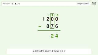 Long Subtraction Problem 12-8.76: Step-by-Step Video Solution