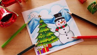 วาดรูปวิว วันคริสต์มาส (สีไม้)🎄☃️ | How to draw scenery Santa Christmas drawing and painting screenshot 5
