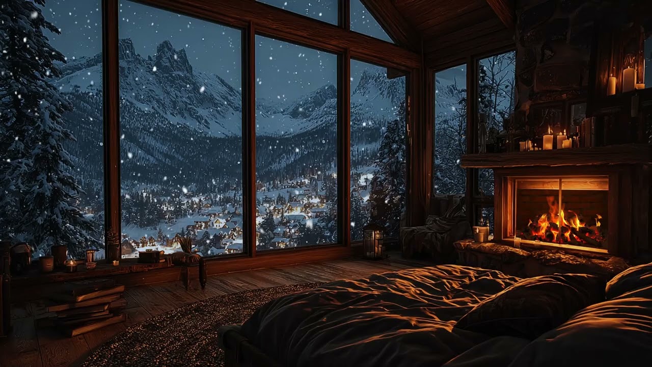 Cozy Snowy Night Ambience | Soft Fireplace and Gentle Snow for Insomnia and Anxiety Relief
