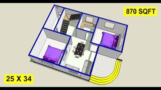 25 X 34 house plan design II 25 x 34 gahr ka design II 870 sqft house design II 3d house plan