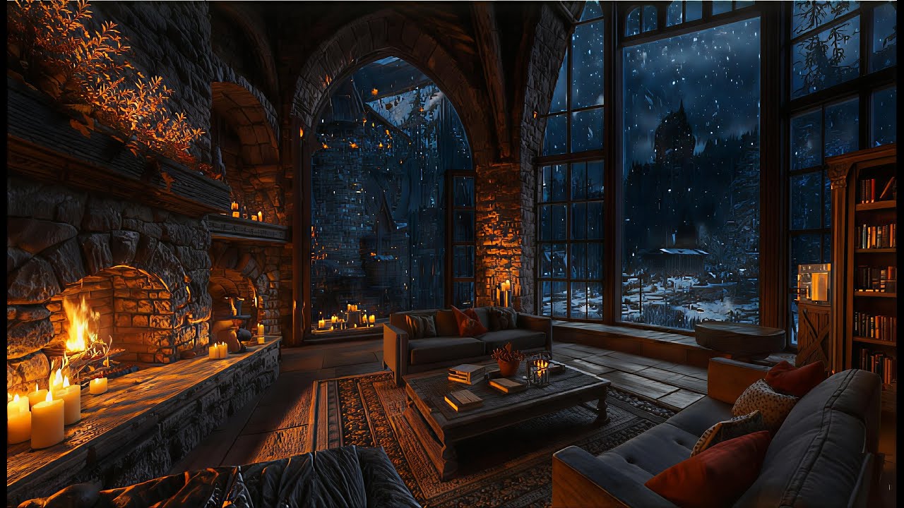 Dark Academia Library Ambience ❄️ Gentle snow & Crackling Fireplace | Winter Ambience (Deep Sleep )