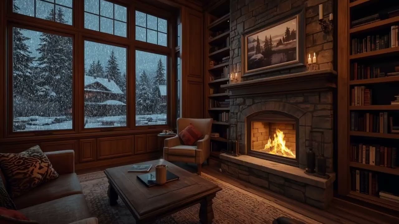 cozy ambience, winter library lodge. winter fireplace ambience