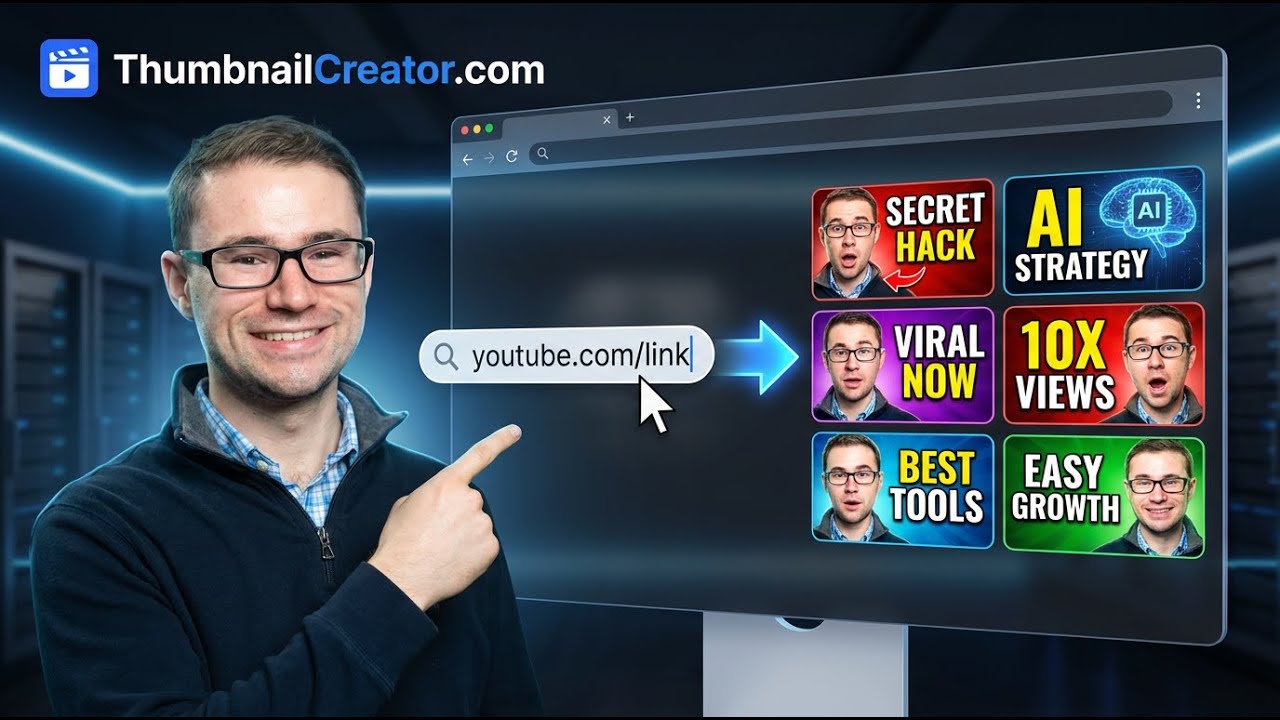 Создавайте миниатюры для YouTube с помощью ИИ, используя URL-адрес видео, на сайте ThumbnailCreat...