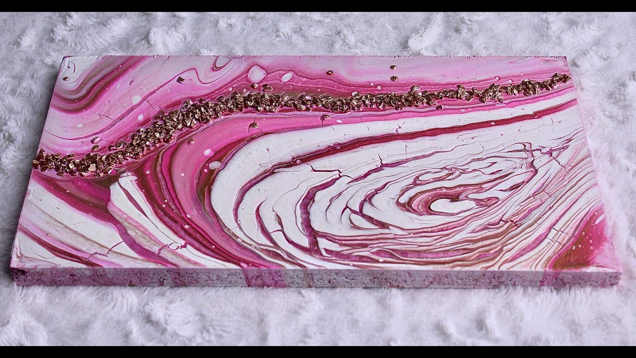 Acrylic pour Painting Swirl technique with 3 colors and gold nuggets