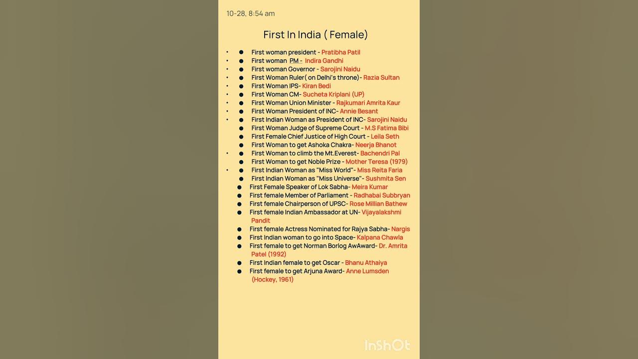 IMPORTANT QUESTIONS OF GK (first female in India) IMPORTANT QUESTIONS OF GK (first female in India)
