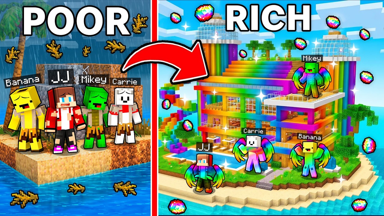 JJ , Mikey and Bananakid: POOR to RICH Island Home in Minecraft - Maizen
