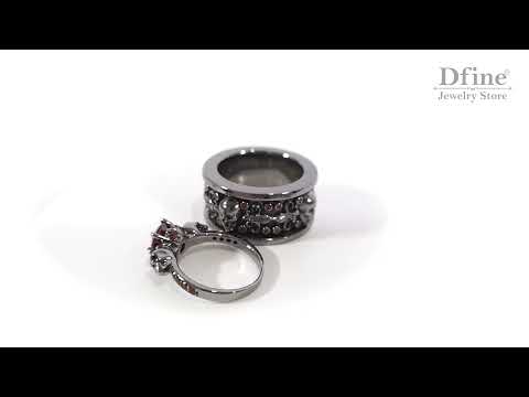 Skull Engagement Ring Set 2.30cttw Red CZ Matching Skull Couple Rings - Dfine Jewelry Store