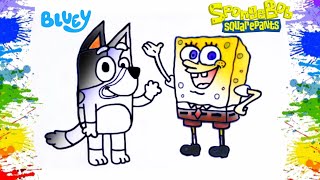 Cara mudah menggambar bluey dan spongebob bersahabat|how to draw spongebob and bluey are friends