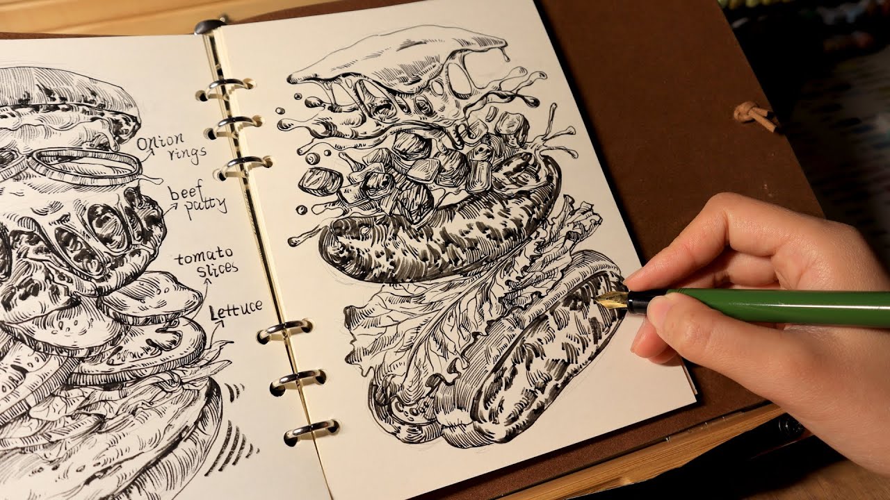 Recreating the juicy joy with a fountain pen「Food Sketch 」no music｜no talking｜Sketch painting ｜ASMR