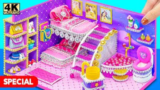 Make Glitter Purple Bedroom, Bathroom with Bunk Bed for Two Princess | DIY Miniature Clay House