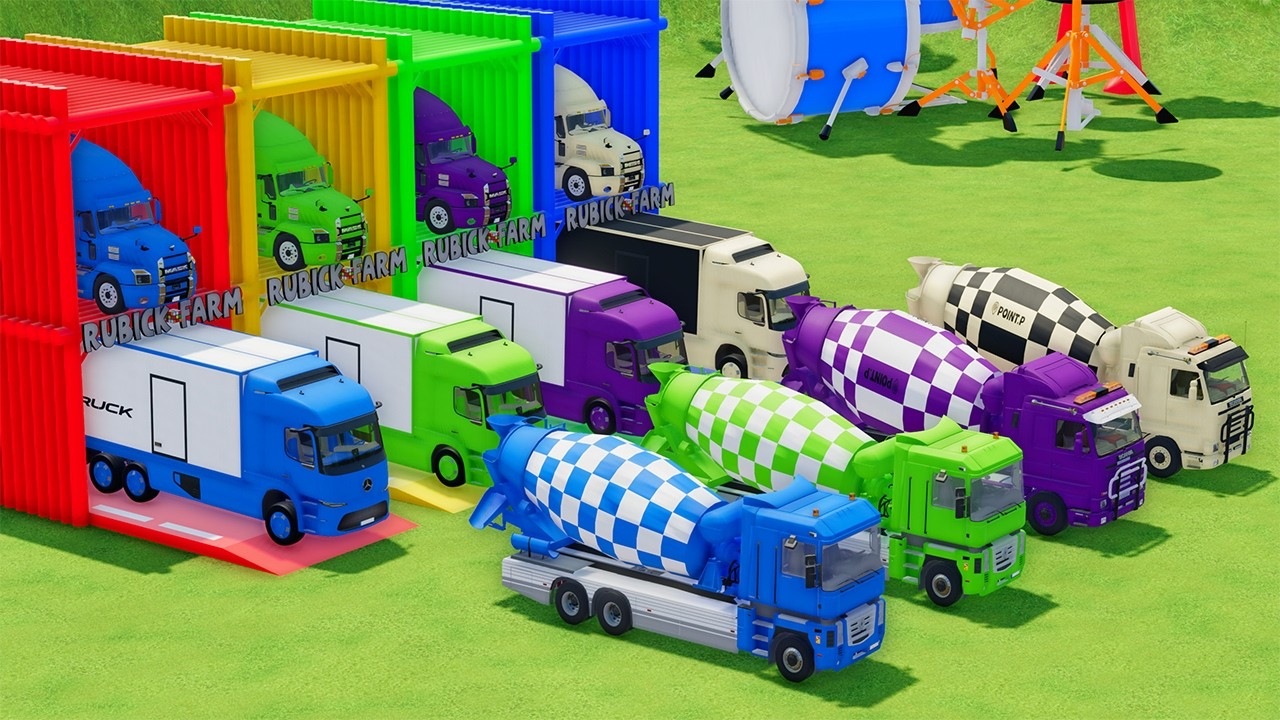 Garage with Colors - ALL MIXER TRUCK WITH DOUBLE FLATBED TRAILER TRUCK, MERCEDES, RENAULT, SCANIA