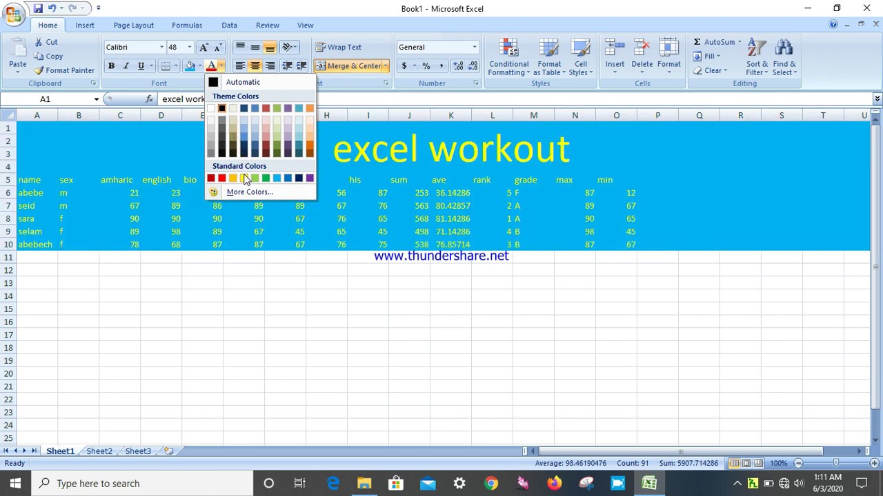 Excel student book. Sum calculation in Informatics.