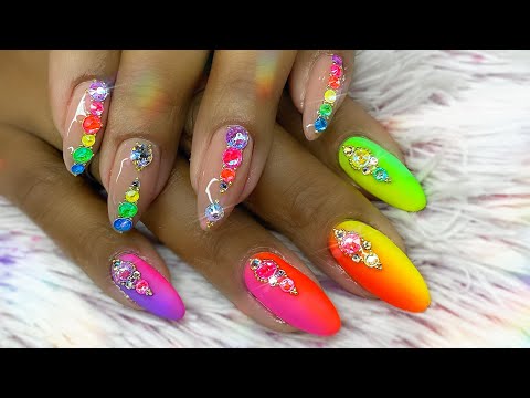 Neon Rainbow Nail Art 🌈 Vertical Ombre w/ Gradient Swarovski Nails 💎 Bling | Pride Nail Art