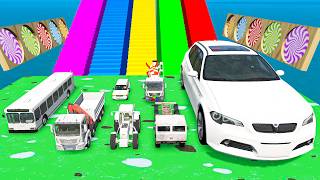 Tractor, Big Wheels, Concrete Mixer vs Stairs w Colors Pool - Crane Truck Rescue Cars - BeamNG #84 screenshot 2