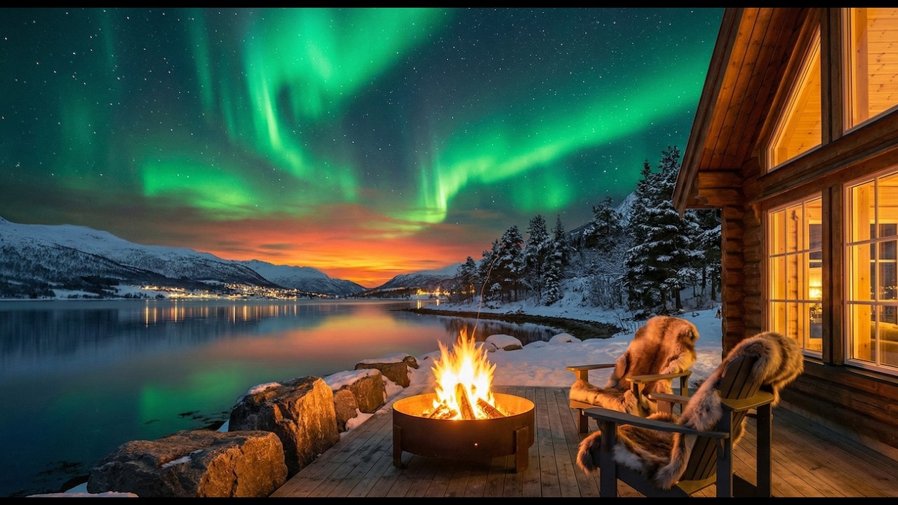 Cozy Winter Cabin Ambience with Northern Lights 🌌 | Crackling Fire Sounds for Sleep & Relaxation 4K