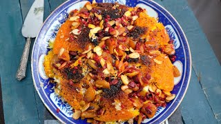 Persian four fruit rice with orange and saffron chicken