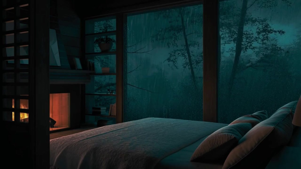 Rainy Bedroom Night with Fireplace 🌧️ Cozy Sleep Ambience | Relaxing ...