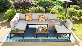 PHI VILLA 6-Piece Patio Iron Frame Sectional Sofa Conversation Set With Cushions