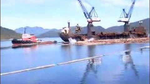 Barge Drops a bundle of logs into the water