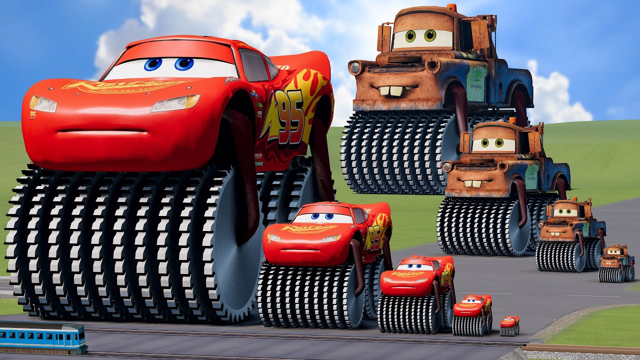 Big & Small: Lightning Mcqueen vs Tow Mater Double Monster Saw Wheels vs Trains | BeamNG.Drive